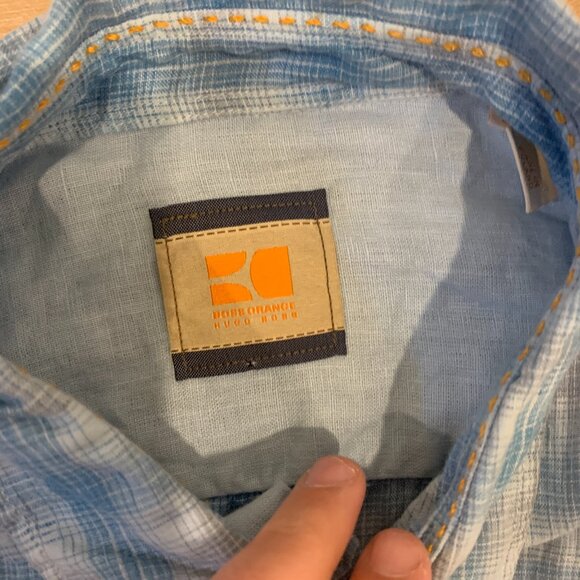 Hugo Boss Orange Men's button down casual dress shirt light blue plaid size L - Picture 3 of 10